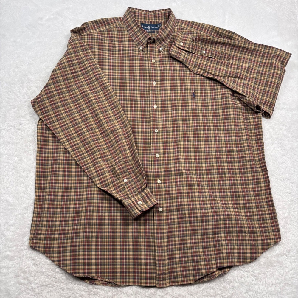 Ralph Lauren Button Shirt Mens 3XL TALL Tan Green Plaid Long Sleeve PONY Preppy - Picture 2 of 10